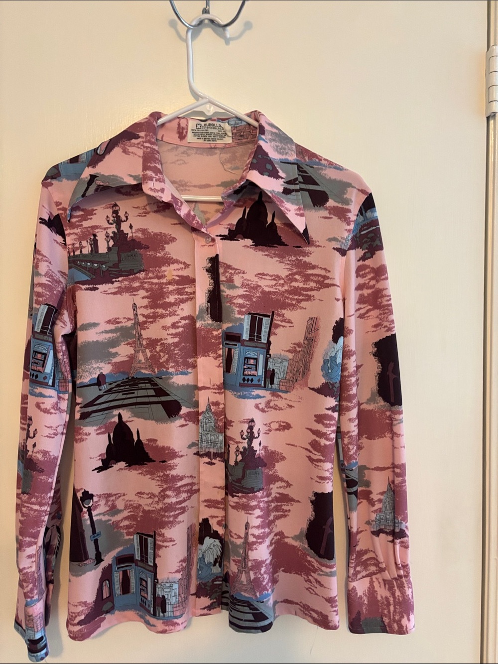 Vintage Pink Scenic Print Women’s Button-Up Shirt